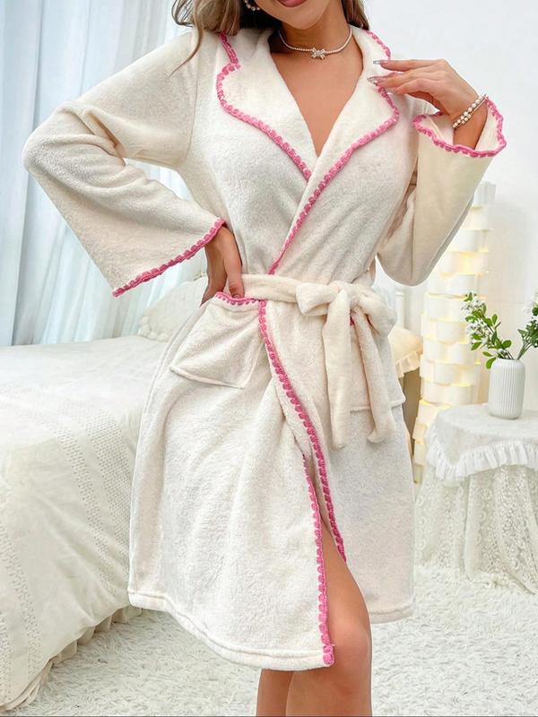 Women's Colorblock Belted Pocket Lapel Bathrobe, Casual Long Sleeve Dressing Gown, Ladies Sleepwear for Fall & Winter