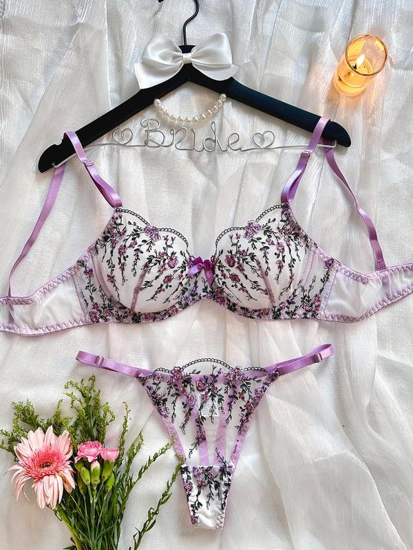 Women's Ditsy Floral Embroidery Sheer Bra & Thong Two-piece Set, Sexy Comfy Breathable Bow Front Lingerie Set for Daily Wear, Teddy Lingerie & Bodysuits for Women