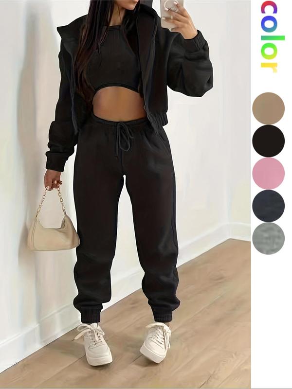 Solid Drop Shoulder Zipper Hoodie & Drawstring Waist Pants & Sleeveless Crop Tank Top Set, Co-ord Set, Lady Clothes for Outdoor, Please Purchase A Size Up, Fall Outfits for Women