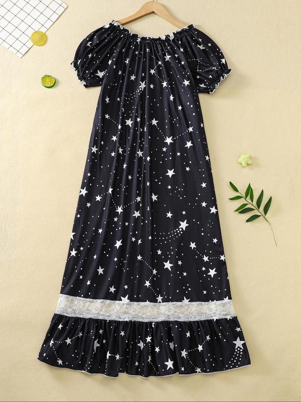 Women's All Over Galaxy Print Contrast Lace Ruffle Hem Nightdress, Casual Soft Comfortable Tie Front Puff Sleeve Nightgown for All Seasons, Ladies Sleepwear for Daily Wear