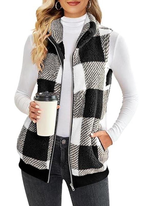 Women's Plaid Print Zip Up Funnel Neck Vest Jacket, Casual Pocket Design Sleeveless Outerwear for Fall & Winter, Women's Clothes for Daily Wear