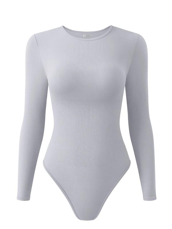 Women's Solid Color Long Sleeve Round Neck Ribbed Shapewear Bodysuit, Casual Comfy Snap Closure Crotch Design Bodysuit for Daily Wear, Ladies Shapewear for All Seasons