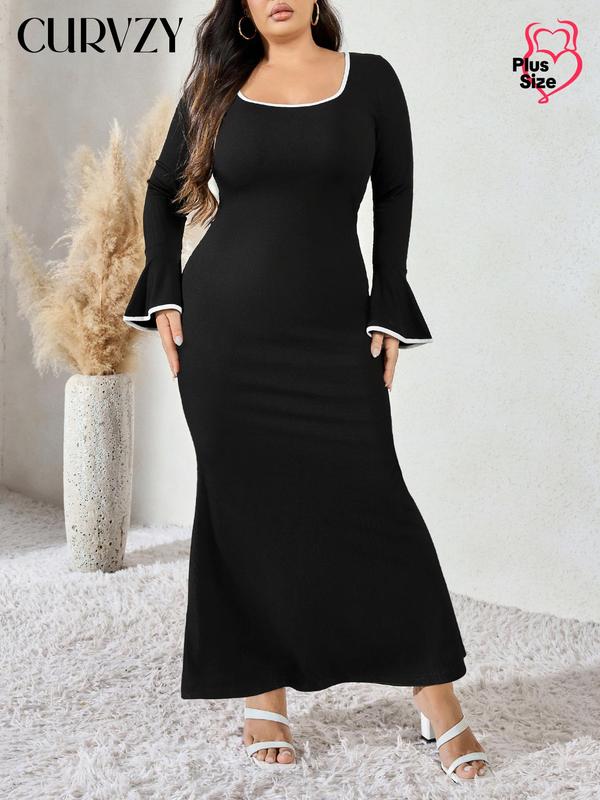 CURVZY Plus Size Contrast Binding Flounce Sleeve Dress, Elegant Scoop Neck Long Sleeve Dress for Party Holiday Wedding Guest, Women's Clothes for Spring & Fall