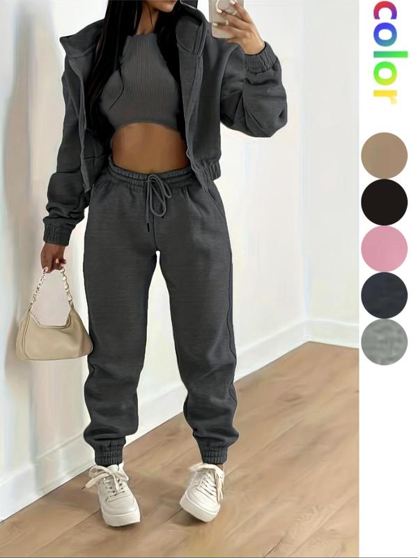 Solid Drop Shoulder Zipper Hoodie & Drawstring Waist Pants & Sleeveless Crop Tank Top Set, Co-ord Set, Lady Clothes for Outdoor, Please Purchase A Size Up, Fall Outfits for Women