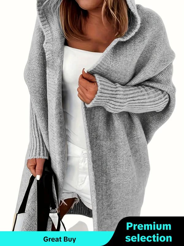 Women's Solid Color Batwing Sleeve Hooded Cardigan, Casual Long Sleeve Open Front Knitwear for Daily Wear, Cardigan for Women, Ladies Clothes for All Seasons