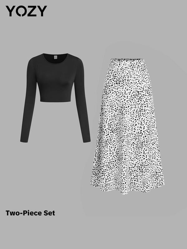 YOZY Christmas Deals, [size 8-18] Crop Top & Leopard Print Skirt Set, Casual Round Neck Long Sleeve Top & High Waist Skirt, 2024 Women's Daily Wear for Spring & Fall, Christmas 2024 Trend, Fall & Winter Outfits