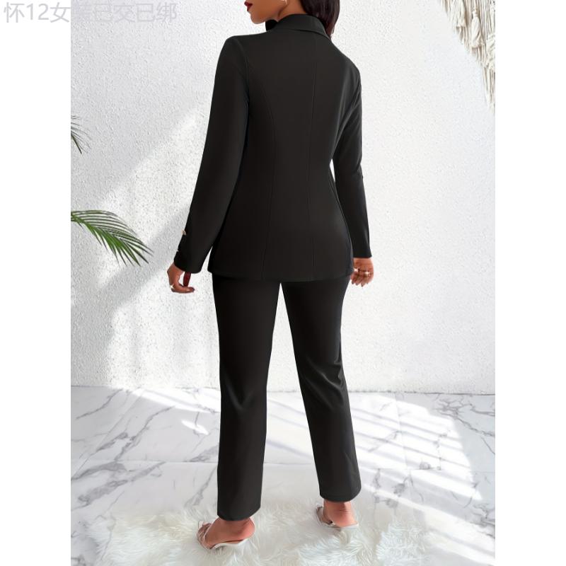 Elegant Solid Color Pants Set, Double Breasted Shawl Collar Slim Blazer & High Waist Straight Leg Pants For Office & Work, Women's Clothing Fabric Fit