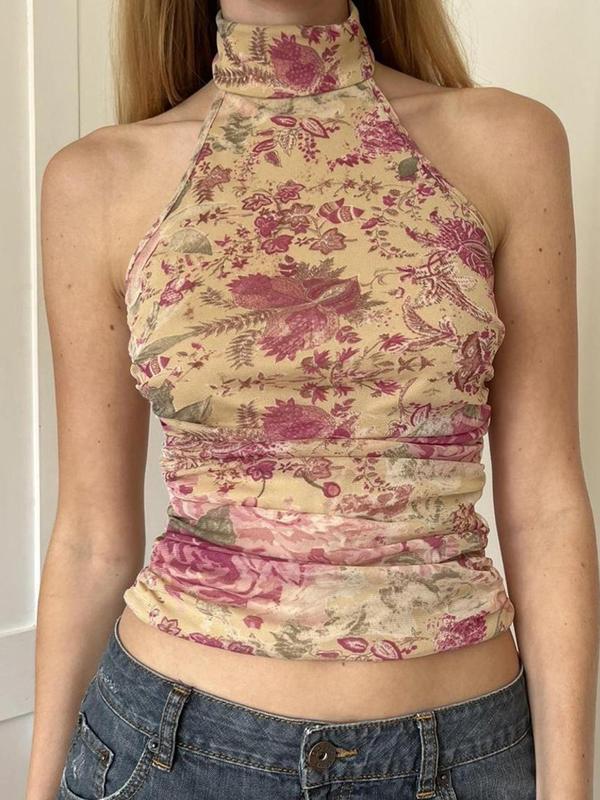 Women's Floral Print Ruched Halter Crop Top, Boho 2000s Y2K Sleeveless Backless Cropped Top for Summer, Ladies Clothes for Beach Holiday Vacation