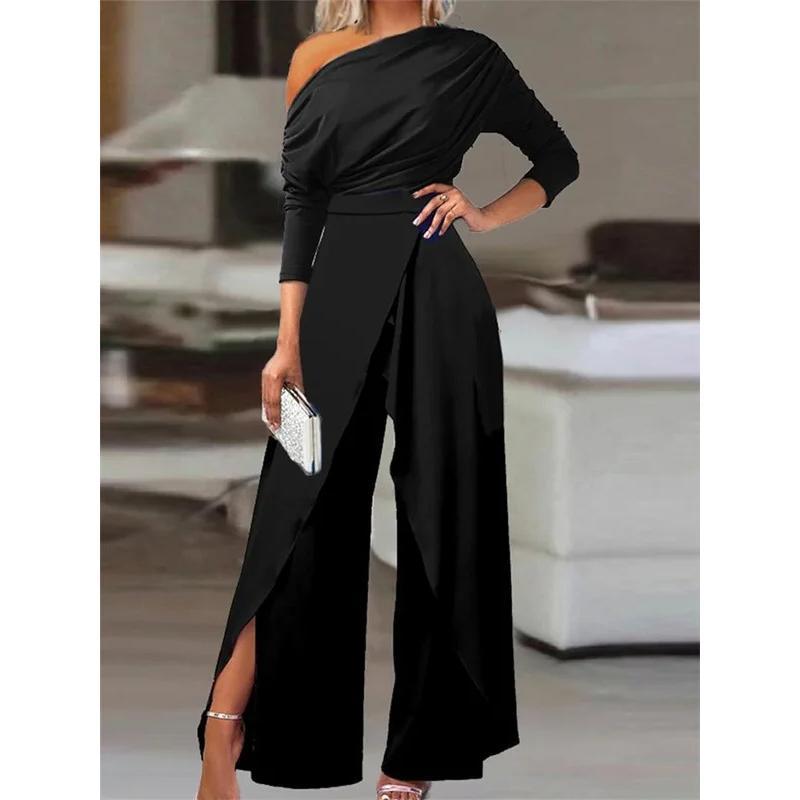 2023 Spring Jumpsuits for Women Plain Elegant Office Lady Loose Ruched One Shoulder Split Hem Wide Leg Jumpsuit Hip Overalls