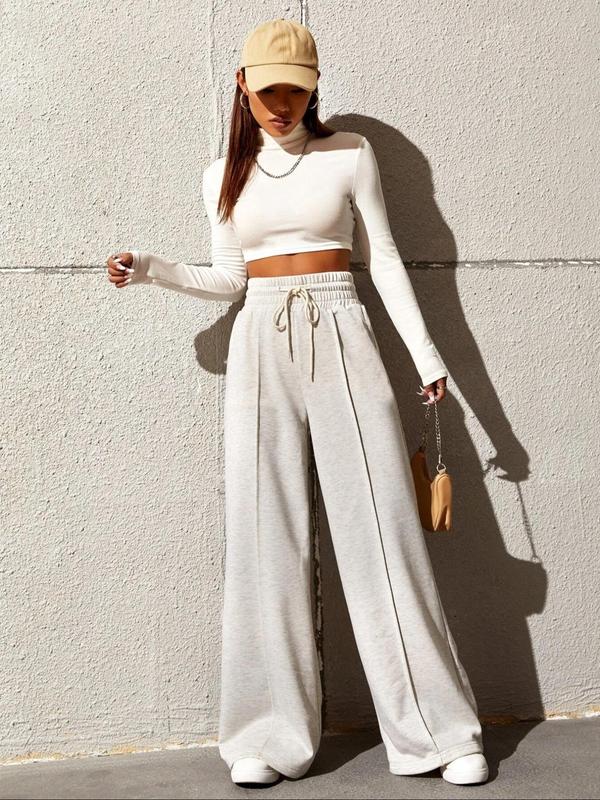 Women's Drawstring High Waist Wide Leg Pants, Casual Comfy Solid Trousers for Fall, Women's Bottoms for Daily Wear, Downtown Girl Clothes  Preppy 80s Clothes