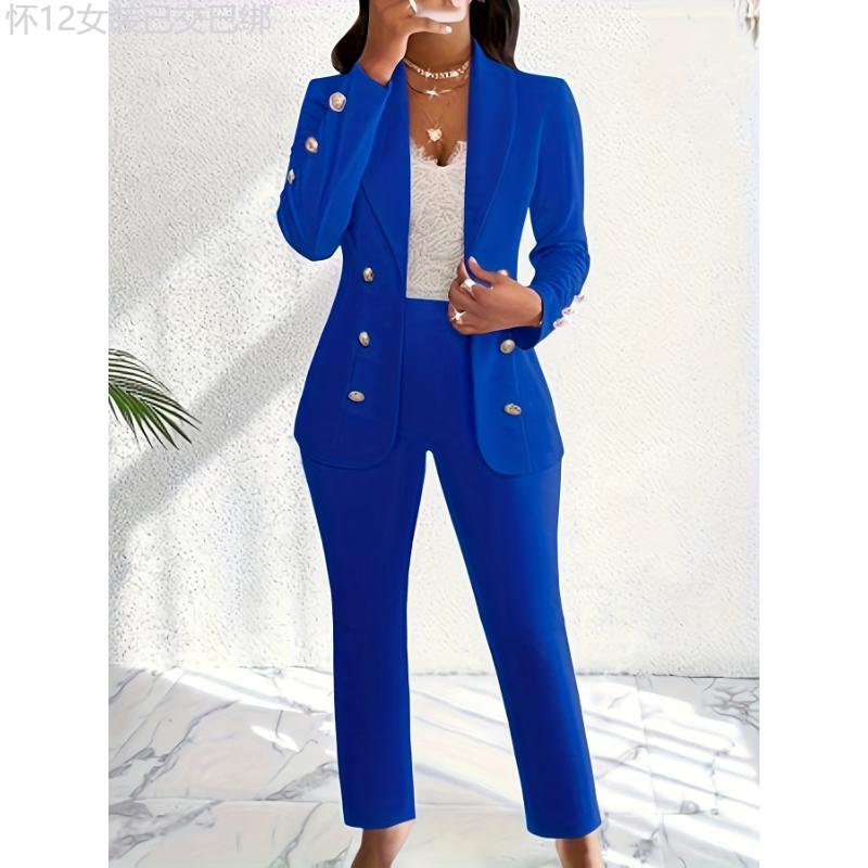 Elegant Solid Color Pants Set, Double Breasted Shawl Collar Slim Blazer & High Waist Straight Leg Pants For Office & Work, Women's Clothing Fabric Fit