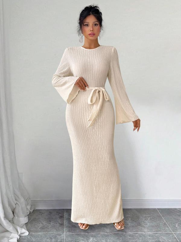 Women's Solid Color Belted Flounce Sleeve Bodycon Dress, Minimalist Long Sleeve Round Neck Maxi Dress for Party Holiday Wedding Guest, Ladies Spring & Fall Clothes,  Girl Clothes