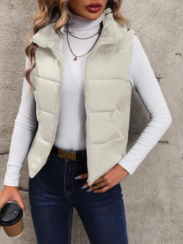 Women's Solid Zip Up Puffer Vest Coat, Casual Pocket Thermal Outerwear for Fall & Winter, Sleeveless Warm Jacket, Going Out Top, Women's Clothing for Daily Wear