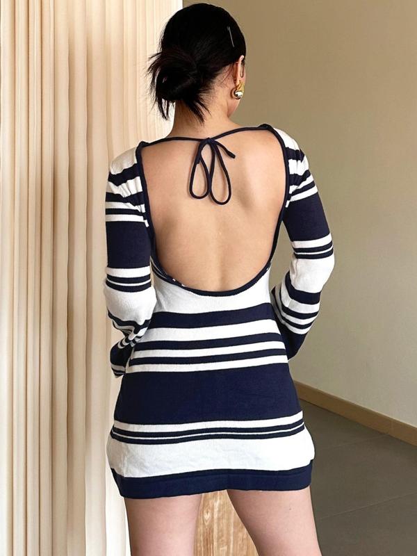 Women's Striped Print Backless Tie Back Sweater Frenchy Style Dress, Summer Dresses 2024, Dresses for Women, Long Sleeve Crew Neck Dress for Spring & Fall, Women's Clothing Fall Sweaters Casual Wear