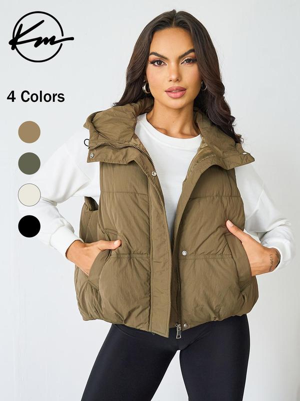 Women's Solid Button Front Zip Up Hooded Vest Coat, Casual Pocket Sleeveless Outerwear for Fall & Winter, Ladies Clothes for Daily Wear