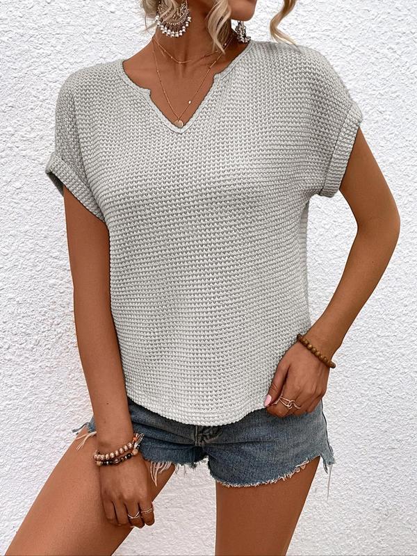 Women's Plain Notched Neck Roll Up Sleeve Tee, Fall Outfits, Casual Short Sleeve T-Shirt for Summer, Ladies Clothes for Daily Wear