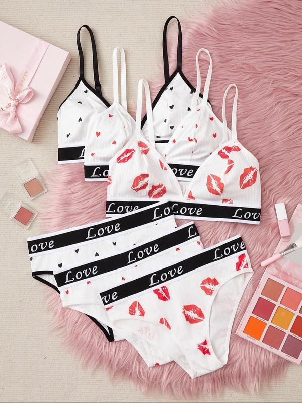 Women's Adjustable Strap Letter Tape Lingerie Set, Heart Lip Print Triangle Bra & Panty Set, Lingerie for Women, Soft Comfortable Underwear Set for Women