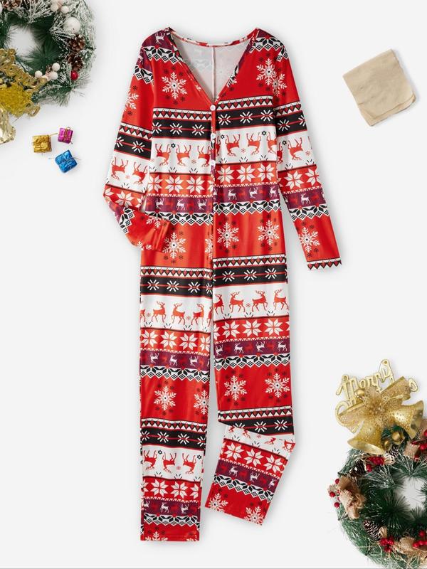 Women's Christmas Themed Print Button Front Lounge Jumpsuit, Casual Comfy Long Sleeve V Neck Jumpsuit, Ladies Sleepwear for Fall & Winter