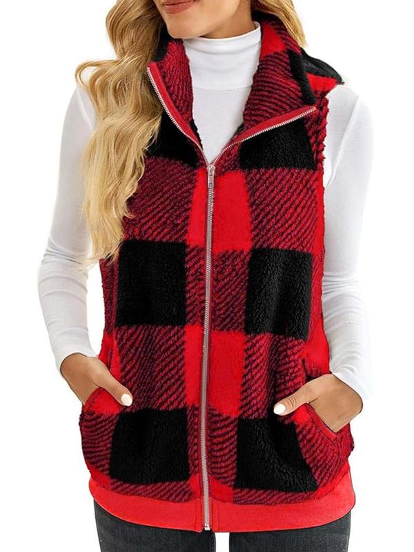 Women's Plaid Print Zip Up Funnel Neck Vest Jacket, Casual Pocket Design Sleeveless Outerwear for Fall & Winter, Women's Clothes for Daily Wear