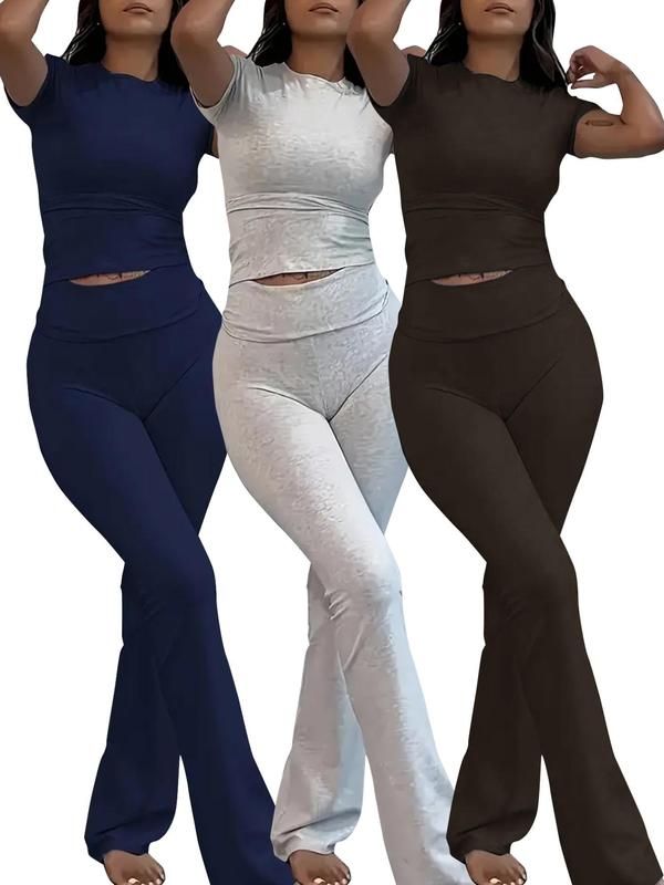 Women's Solid Loungewear Set, Casual Short Sleeve Crop Top & High Waist Flare Leg Pants, Ladies Sleepwear for All Seasons, Back-to-school Clothing, Pajama Set, Summer Sets, Summer Wear 2024, Homewear, Black Girl Wear