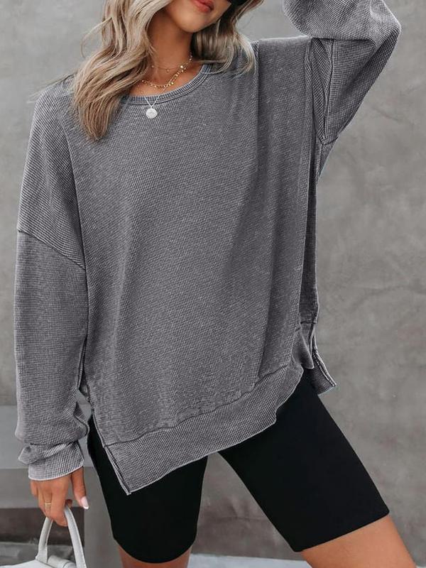 Women's Plain Split Hem Waffle Knit Sweatshirt, Casual Drop Shoulder Long Sleeve Pullover for Fall & Winter, Women's Clothing for Daily Wear