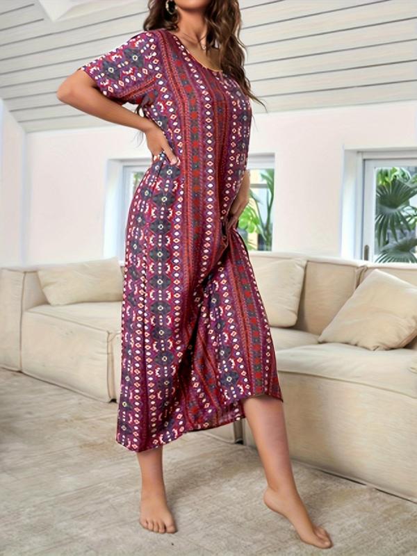 Women's Ethnic Pattern Round Neck Nightdress, Casual Comfy Short Sleeve Nightgown, Women Loungewear for Summer Daily Home Wear