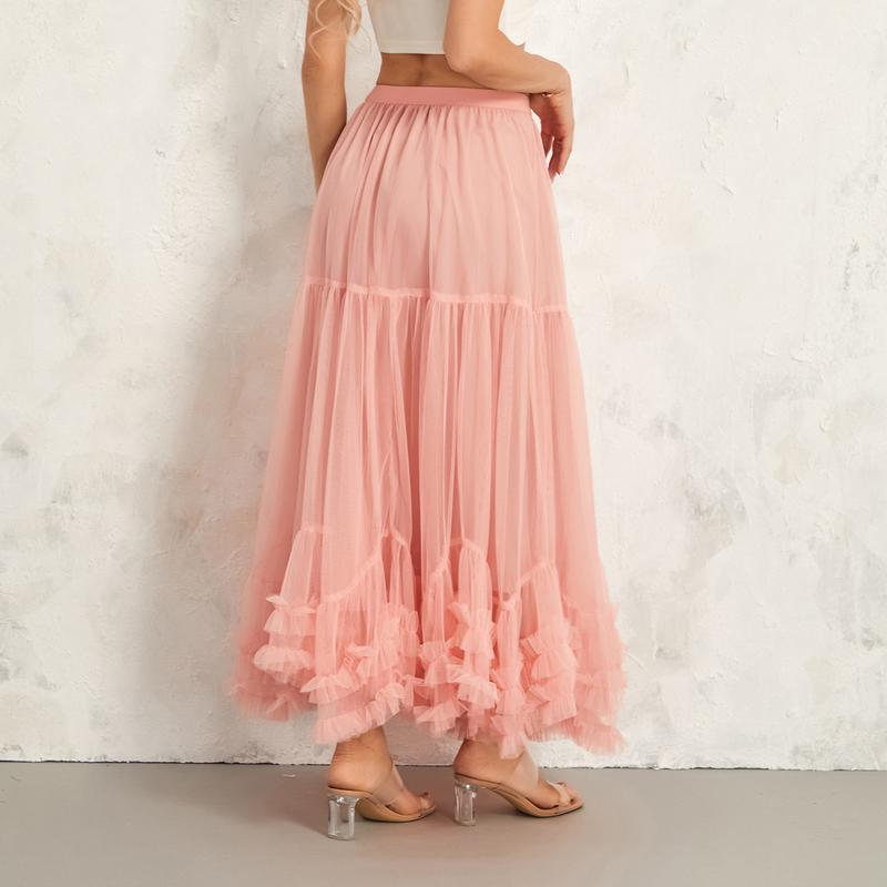 Women Layered Tulle Long Skirt US Ladies Fashion High Waist Solid Color Frill Trim Ruffle Midi Skirt