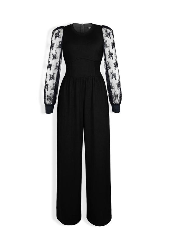 Women's Contrast Mesh Bishop Sleeve Jumpsuit, Casual Long Sleeve Zipper Jumpsuit for Fall & Winter, Women's Clothes for Daily Wear