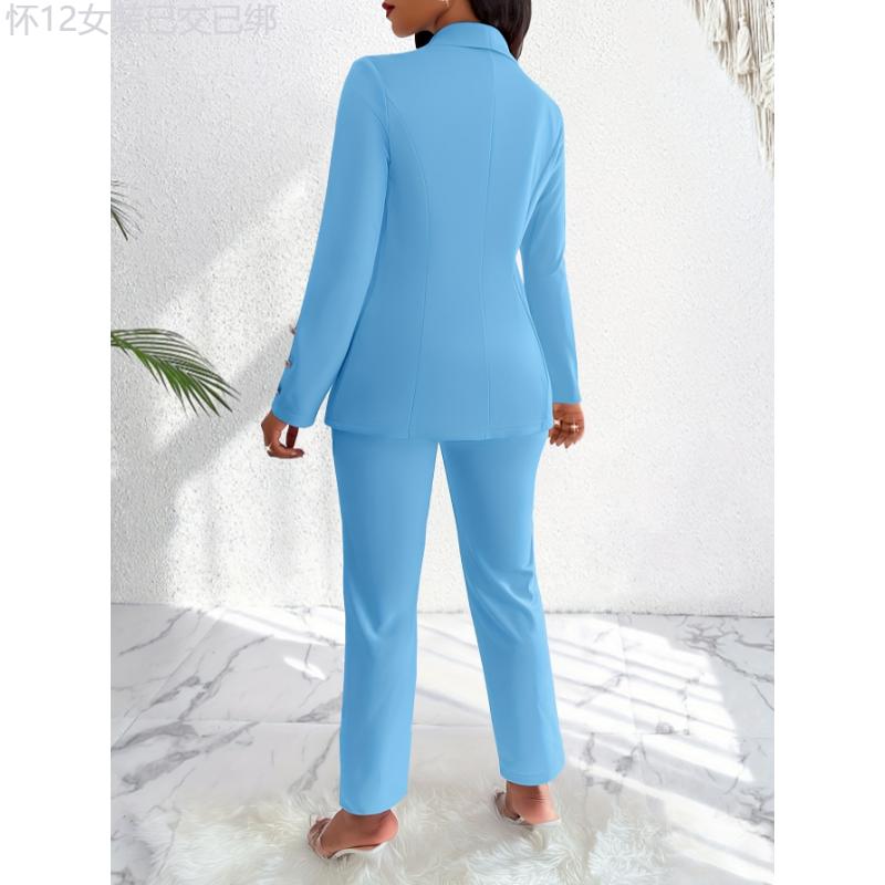 Elegant Solid Color Pants Set, Double Breasted Shawl Collar Slim Blazer & High Waist Straight Leg Pants For Office & Work, Women's Clothing Fabric Fit