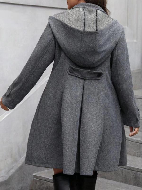  Solid Button Pocket Woolen Coat, Casual Long Sleeve Hooded Outerwear for Fall & Winter, Winter Clothes Women, Women's Clothes for Daily Wear