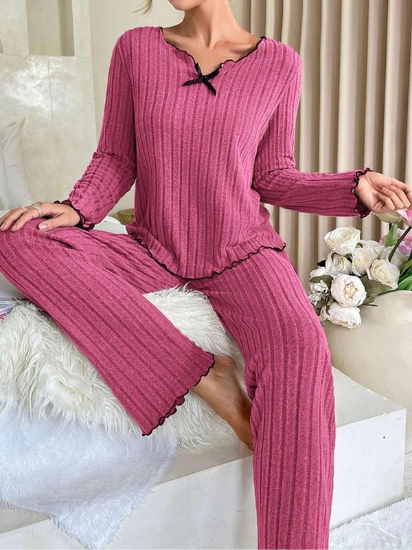 Two-Piece Set Women's Solid Lettuce Trim Ribbed Pajama Set, Casual Bow Decor Long Sleeve Top & Elastic Waist Pants PJ Set, Women's Sleepwear for Spring & Fall