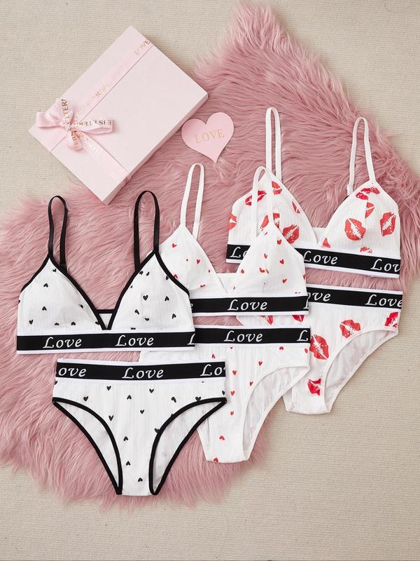 Women's Adjustable Strap Letter Tape Lingerie Set, Heart Lip Print Triangle Bra & Panty Set, Lingerie for Women, Soft Comfortable Underwear Set for Women