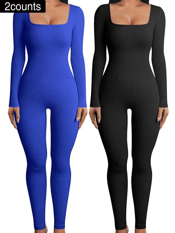 Women's Solid Ribbed Square Neck Sports Jumpsuits , Casual Sporty Comfy Breathable Long Sleeve Jumpsuits  for Yoga Gym Workout, Ladies Sportswear for All Seasons