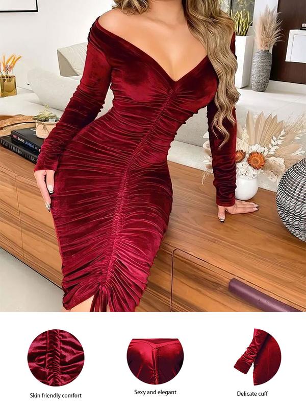 Women's Off Shoulder Ruched Drawstring VelvetDress, Elegant Long Sleeve Midi Dress for PartyDating Wear, Women's Clothing for Fall & Winter