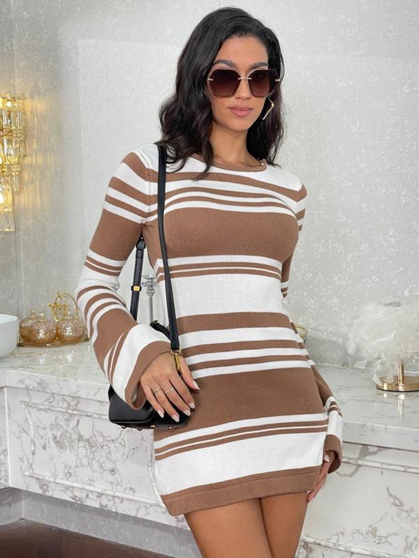 Women's Striped Print Backless Tie Back Sweater Frenchy Style Dress, Summer Dresses 2024, Dresses for Women, Long Sleeve Crew Neck Dress for Spring & Fall, Women's Clothing Fall Sweaters Casual Wear