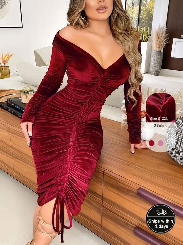 Women's Off Shoulder Ruched Drawstring VelvetDress, Elegant Long Sleeve Midi Dress for PartyDating Wear, Women's Clothing for Fall & Winter