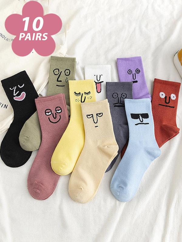 Women's Cartoon Face Print Mid-calf Socks, Casual Moisture Wicking Crew Socks, Soft Comfy Breathable Socks for All Seasons Daily Wear