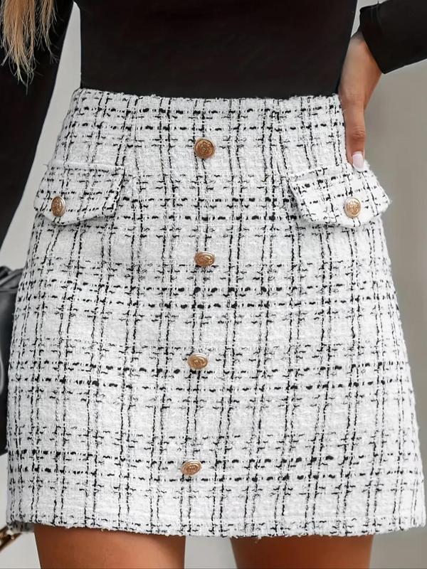 Women's Plaid Print Button Decor High Waist Skirt, Casual A Line Short Skirt For Spring & Fall, Ladies Clothes For Daily Wear