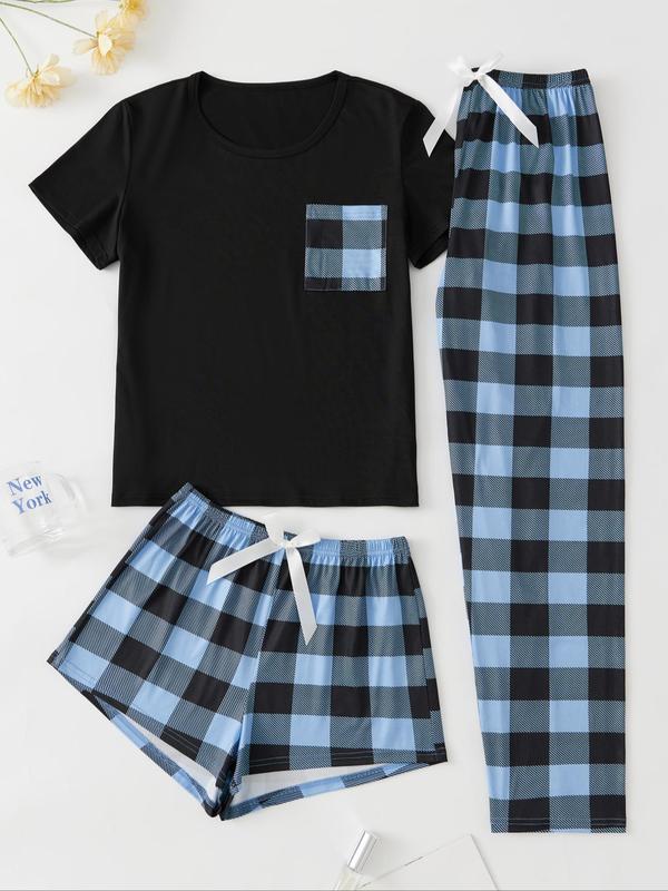 Women's Plaid Print Tee & Bow Front Shorts & Elastic Waist Pants Pyjama Set, Summer Clothes Women, Casual Lounge Set for Daily Wear, PJ Sets for Women, Summer Wear 2024, Homewear & Loungewear for Women