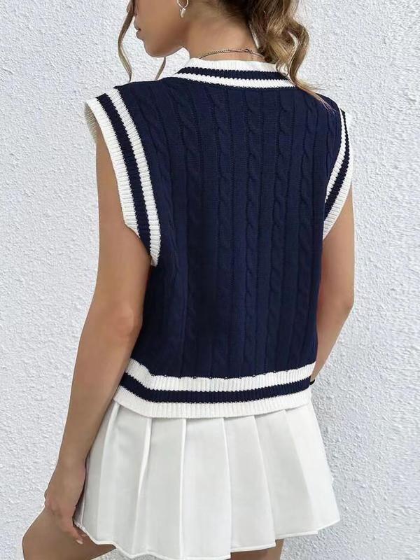 Women's Letter Print Contrast Binding Sweater Vest Without Shirt, Preppy Style V Neck Sleeveless Knitwear For Spring & Fall, Fashion Cozy Women's Knit Clothing For Daily Wear