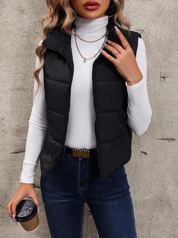 Women's Solid Zip Up Puffer Vest Coat, Casual Pocket Thermal Outerwear for Fall & Winter, Sleeveless Warm Jacket, Going Out Top, Women's Clothing for Daily Wear