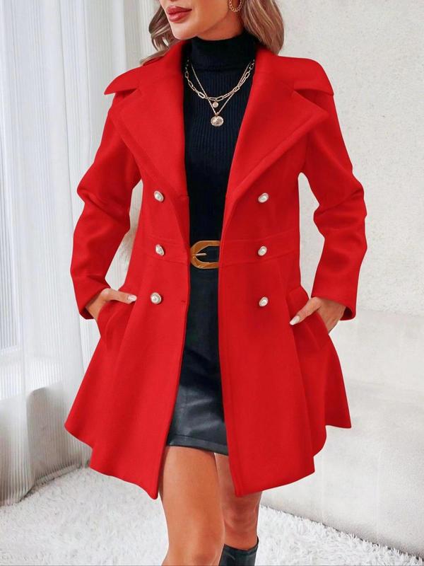 Women's Solid Double Button Lapel Trench Coat, Elegant Long Sleeve Pocket Coat for Daily Outdoor Wear, Ladies Clothes for All Seasons