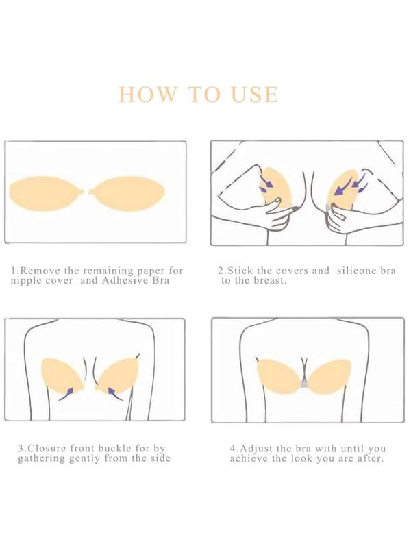 Women's Silicone Strapless Adhesive Bra Inserts, Clear Gel Push Up Enhancers Pads, Seamless Silicone Sticky Bra with Nipple Covers