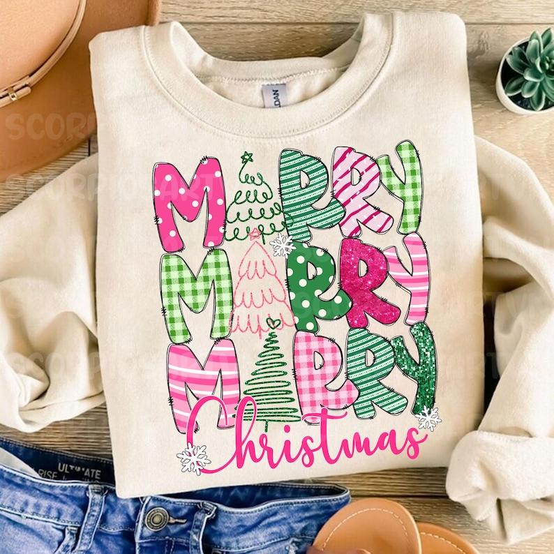 Merry Christmas Sweatshirt, Christmas, Pink Christmas, Christmas Coquette Bow, Graphic Tee, Cotton, Merry and Bright, Crewneck