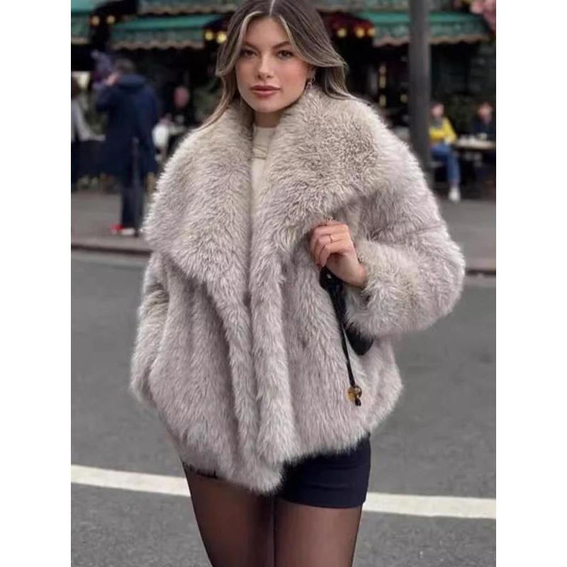 Women's Solid Color Faux Fur Fuzzy Jacket, Casual Long Sleeve Collared Fuzzy Coat for Fall & Winter, Women's Clothing for Daily Wear Womenswear Tops