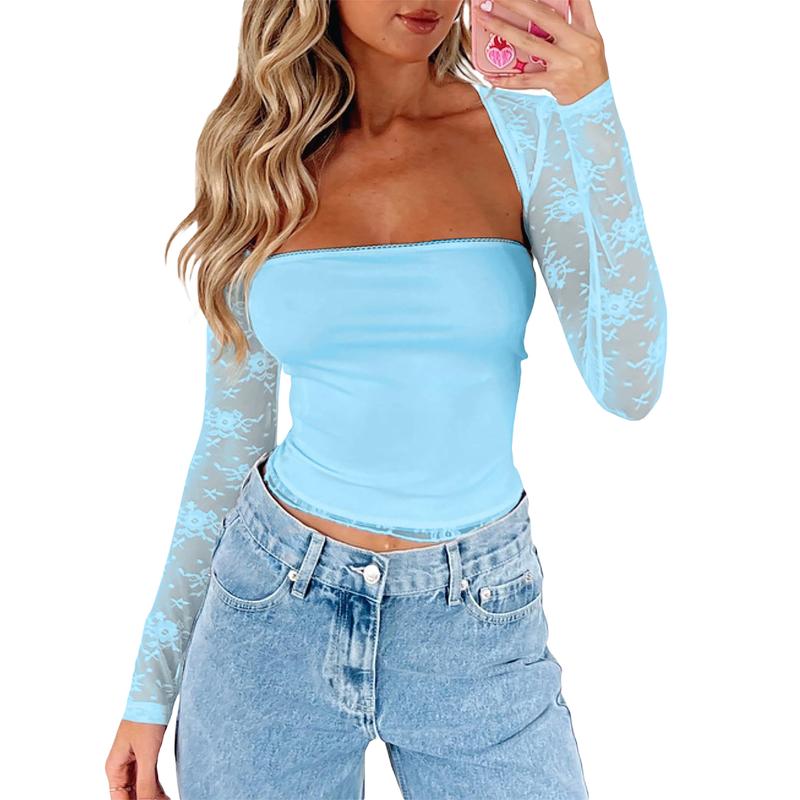 Women Y2k Lace Long Sleeve Top See Through Mesh Crop Top Floral Slim Fit Layering Top Tee Shirts Blouse Streetwear