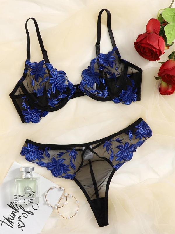 Women's 2pcs Floral Embroidery Lingerie Set, Adjustable Spaghetti Strap Bra & Sheer Panty, Women's Lingerie & Underwear for All Seasons