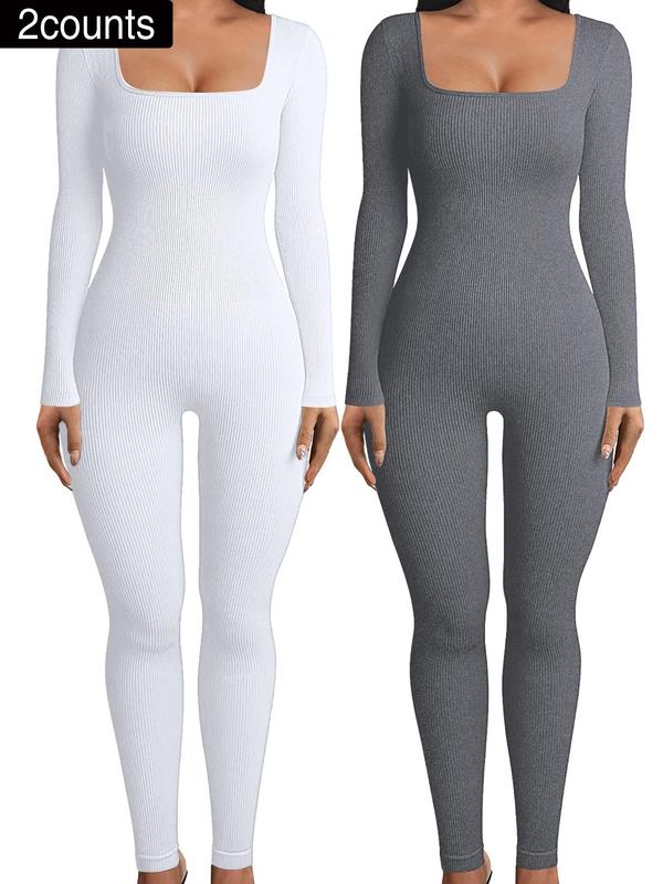 Women's Solid Ribbed Square Neck Sports Jumpsuits , Casual Sporty Comfy Breathable Long Sleeve Jumpsuits  for Yoga Gym Workout, Ladies Sportswear for All Seasons