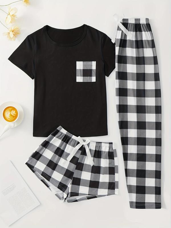 Women's Plaid Print Tee & Bow Front Shorts & Elastic Waist Pants Pyjama Set, Summer Clothes Women, Casual Lounge Set for Daily Wear, PJ Sets for Women, Summer Wear 2024, Homewear & Loungewear for Women