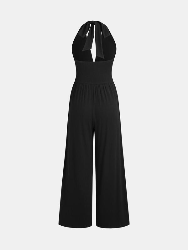 YOZY Women's Solid Ruched Tie Back Halter Jumpsuit, Casual Fashion Wide Leg Jumpsuit for Daily Wear, Ladies Clothes for All Seasons